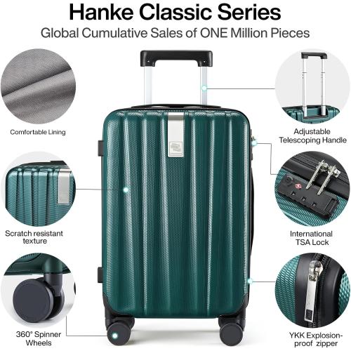 Hanke 20 Inch Carry On Luggage 22x14x9 Airline Approved Lightweight PC Hard Shell Suitcases with Wheels Travel Luggage Rolling Suitcase Travel Luggage Bag for Weekender(Blackish Green)