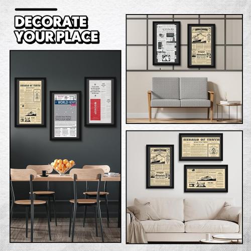 DoubleFill 6 Pcs 11x22 in Newspaper Frame with Mat Assorted Media Article Cover Frame with Hanging Hardware 14x24 in Newspaper Display Poster for Wall Decoration (Black Mat)