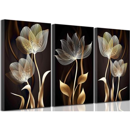 3 Pieces Modern Abstract Brown Flowers Canvas Wall Art Minimalism Black and Gold Floral Painting Pictures Luxury Wall Decor Posters Print Artwork for living room Office Bedroom Home Decoration