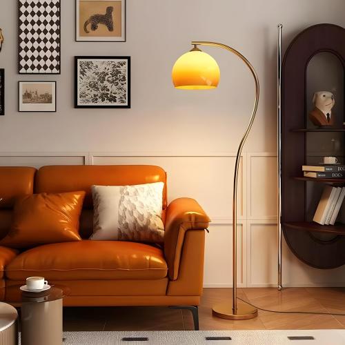Bofea-Arc Floor Lamps for Living Room Gold Floor Lamp with Orange Glass Shade,3 Color Temperatures,Orange Tall Reading Light with Foot Switch，Ambient Lighting Lamps Mid Century Arch Lamp for Bedroom
