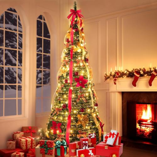 6.5 Ft Pop up Christmas Tree,Prelit 200 Warm White LED Lights,Opens Instantly,Fully Decorated,8 Lighting Modes & Timer,Fire-Resistant,Foldable,Collapsible Xmas Tree Outdoor Indoor Holiday Party Decor