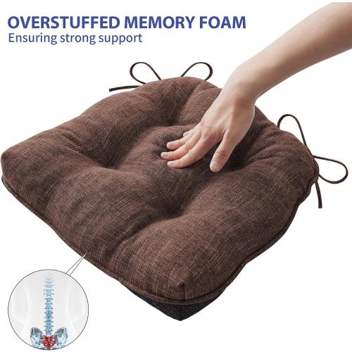 Chair Cushions for Dining Chairs Set of 2, Kitchen Chair Cushions, Chair Pads with Ties and Non Slip Backing, Tufted Memory Foam Seat Cushion 2 Pack, 15.5 x 15.5 x 4, Brown