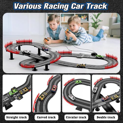 3-in-1 Slot Car Race Track Sets with 4 High-Speed Cars, Electric Track, Dual Racing Game with Lap Counter & 2 Controllers, and Circular Overpass Design – Toy Gift for Boys Kids Ages 6-8 8-12