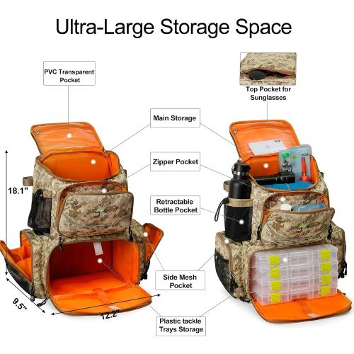 N NEVO RHINO Fishing Tackle Backpack with Rod Holders, 40L Large Fishing Bag with Waterproof Rain Cover,Outdoor Tackle Bag