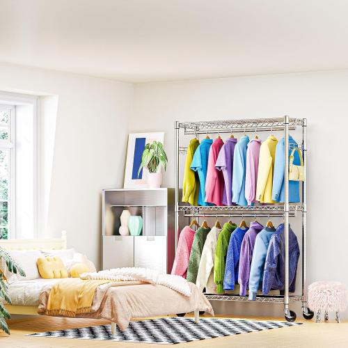 M MZG Heavy Duty Rolling Garment Rack 3 Tiers Adjustable Wire Shelving Clothes Rack with 2 Rods and Side Hooks,Storage Closet Clothing Rack with Wheels Chrome 15.7 D x 45.3 W x 79.6 H