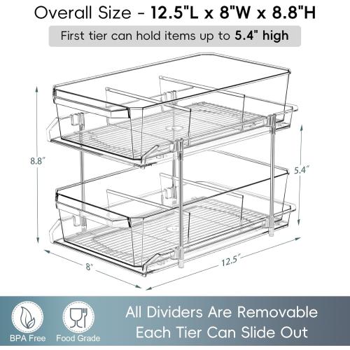 Color Clear Set of 2 Set, 2 Tier Clear Organizer with Dividers for Cabinet, Shlef, Counter - MultiUse Slide-Out Storage Container - Kitchen, Pantry, Medicine Cupboard Bins, Bathroom, Vanity Makeup, Under Sink Organizing