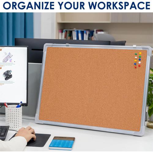 Cork Board 24x18 in, Framed Wall Hanging Bulletin Board with 10 Thumb Tacks | Thumb Tack Board, Pin Board for Wall, Corkboard Message Memo Notice Board with Hooks for Home, Office, Desk and Cubicle