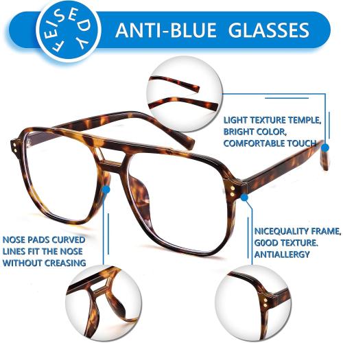 FEISEDY 2Pack Blue Light Blocking Glasses Fake Nerd Clear Square Computer Lightweight Pilot Glasses Frame Oversized B2866