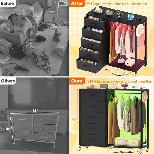 Cyclysio Dresser with Hanging Rack, 5 Fabric Drawers Dresser with Clothes Rack, Wooden Top Storage Chest of Drawers with Charging Station & LED Lights, Lockable Wheels, Closet