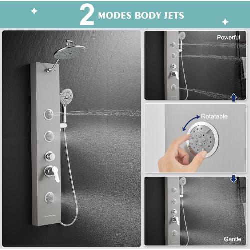 Shower Panel Tower System with Adjustable Shower Head, Self-Cleaning Shower Tower with 2-Setting Powerful Body Jets and 5-Function Handheld Shower, Shower Column Brushed Stainless Steel