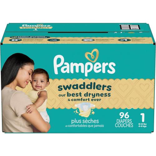 Pampers Swaddlers Diapers, Size 1 (8-14 lbs), 96 Count, Absorbent, Keeps Baby Dry and Comfortable, Skin Safe Disposable Baby Diaper (Packaging May Vary)