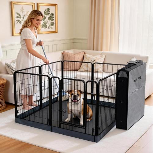 Dog Playpen with Bottom and Storage Bag, 32 H 8 Panels Puppy Pen with Square Bottom, Heavy Duty Dog Fence for Small/Medium Dogs