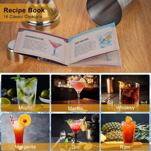 Vabaso 20-Piece Bartender Kit with Stand, Cocktail Shaker Set for Home Bar, 25oz Professional Stainless Steel Bar Tool Set with Cocktail Recipes Booklet, Christmas White Elephant Gifts for Adults Men