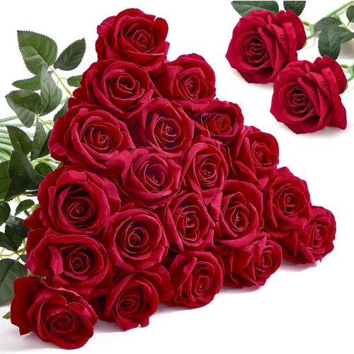 Alecono Red Roses 20Pcs - 4in Real Touch Artificial Roses, Velvet Soft Fake Flowers with Long Stems for Mother’s Day, Wedding Centerpieces, DIY Home Decor
