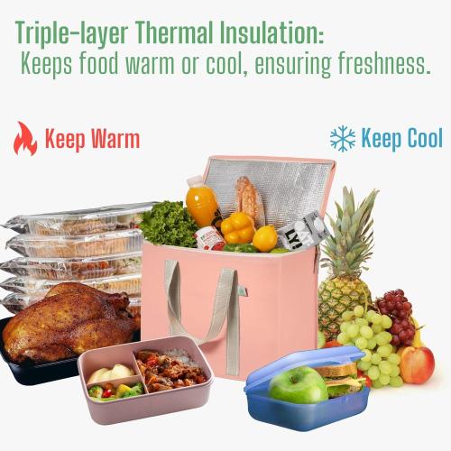 VENO 2 Pack Cooler Bag and Insulated Grocery Bags for Food Delivery, Collapsible Cooler. Reusable Shopping Bags for Groceries with Hard Bottom, Zippered, Foldable, Heavy-Duty (Peach Pink, 2 Pack)