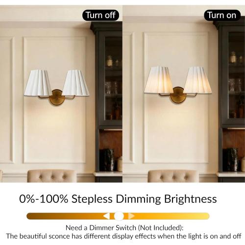 Modern Pleated Fabric Linen Double Wall Sconce, Country Wall Lamp with Antique Finish Metal, Creative Decoration Wall Lamp for Entryway, Hallway, Bedroom, Living Room, Kitchen (Brass)