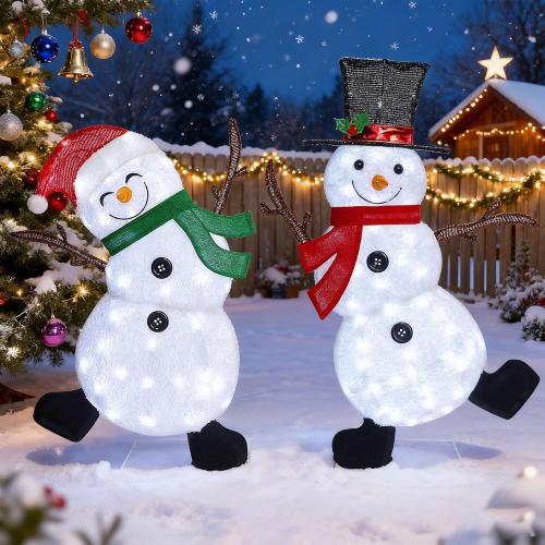 Lulu Home 2-Pack Lighted Christmas Snowman Decorations, 3.1 2.5FT Outdoor Snowmen with 70 LEDs White Lights, 2D Plug-in Snowman Holiday Yard Decor with Scarves for Lawn Garden Party