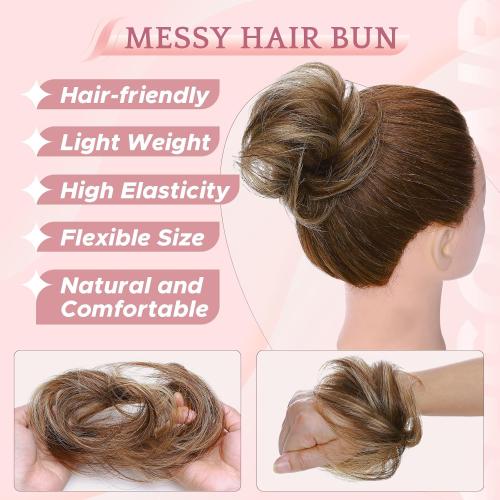 Messy Bun Hair Piece Human Hair Natural Wavy Messy Bun Scrunchie Updo Hairpieces Donut Chignon Ponytail Extensions for Women Girls,Medium Brown Mixed Dark Blonde