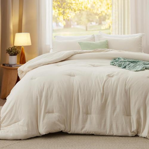 Bedsure Queen Comforter Cream Soft Prewashed Bedding for All Seasons, 3 Pieces GentleSoft Lightweight Comforter (90x90)