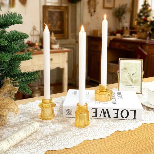 WELLIFE 3 Pcs Amber Glass Candle Holder, Taper Candle Holder, Amber Glass Candlestick Holder for Party, Wedding Decorations, Table Centerpieces and Thanksgiving