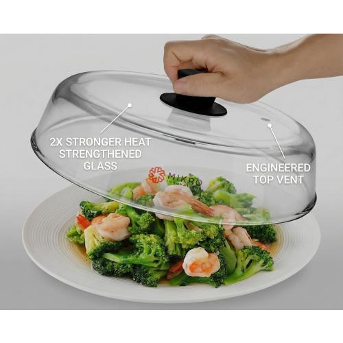10.5-Inch Glass Microwave Splatter Cover – Borosilicate Glass Food Plate Splatter Guard with Vent Hole, BPA-Free, Easy-Grip Silicone Knob, Dishwasher Safe (1, Black, 10.5in)