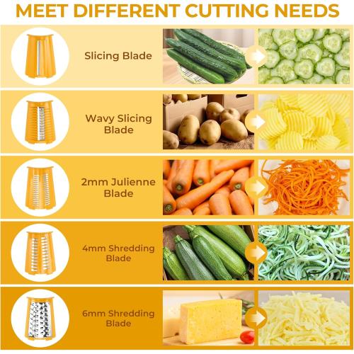 SUSTEAS Rotary Cheese Grater with Handle - Vegetable Shredder with 5 Well-designed Blades & Strong Suction Base,Round Mandoline Slicer & Food Chopper for Kitchen,with Blade Storage Box(Yellow)