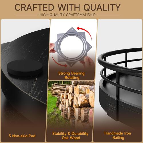 10 Oak Bathroom Vanity Tray Turntable for Perfume Candle, Round Wooden Decorative Tray for Kitchen Sink Countertop Organizer, Bathroom Counter Organizer for Skincare Makeup, Farmhouse Black Gold
