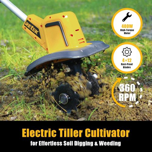 RETEK Adjustable Cordless Tiller, Compatible with Dewalt 20V Battery(Tool Only), 360RPM Electric Garden Tiller, 9.06In Tilling Width & 7.09In Depth, Portable Tiller for Flower Beds/Plant Cultivation