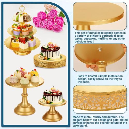 Audab Metal Gold Dessert Table Display Set Including Cake Stands, Cupcake Tower Stand, Dessert Tray, Risers Stands, Cake Cutting Set and Serving Tongs for Wedding, Birthday Party Decor