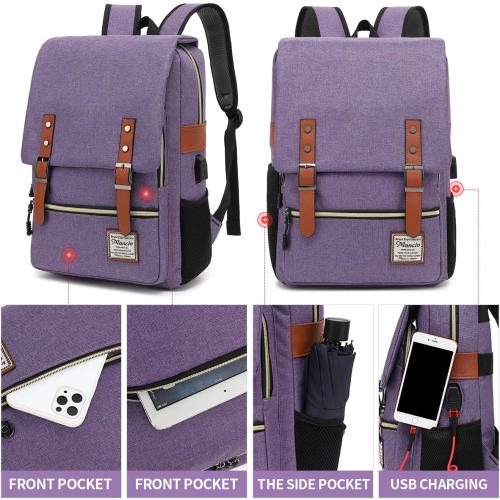 Mancio Vintage Slim Laptop Backpack for Women Men,Tear Resistant Business College Bag with USB Charging Port,Purple.