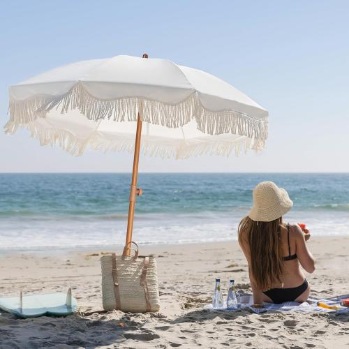 AMMSUN Boho Fringe Umbrella Outdoor Patio, 6.5ft UPF50  Picnic Umbrella with Tassels with Steel Pole and Push Button Tilt, Antique White