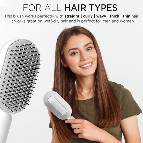 White Self-Cleaning Hair Brush, 3D Air Cushion Design, Detangling Paddle Brush with Holder, All Hair Type (WHITE)