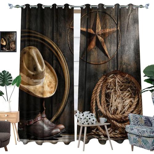 Western Farmhouse Room Darkening Blackout Window Curtains with Grommets,Rustic Cowboy Leather Boots Texas Star Hat on Wooden Energy Efficient Window Treatment 2 Panels 54L x 21W