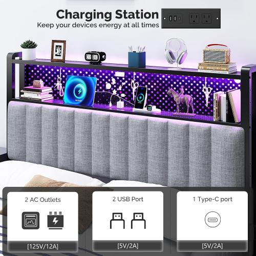 VINGLI Full Size Headboard Only, Upholstered Head Board with 2 Tier Shelves and Pegboard with Charging Stations and LED Lights, Modern Bed Headboard with Storage for Bedroom Decor, Linen Gray