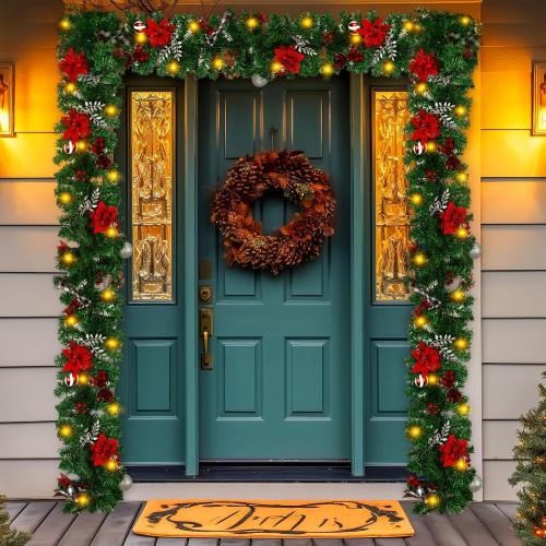 Christmas Garland with Lights, Pre-lit 9ft Christmas Decorations with 50 Warm White LED Lights, Berries, Balls, and Red Flower for Door, Stairs, Railing, Indoor, Outdoor, Battery Operated