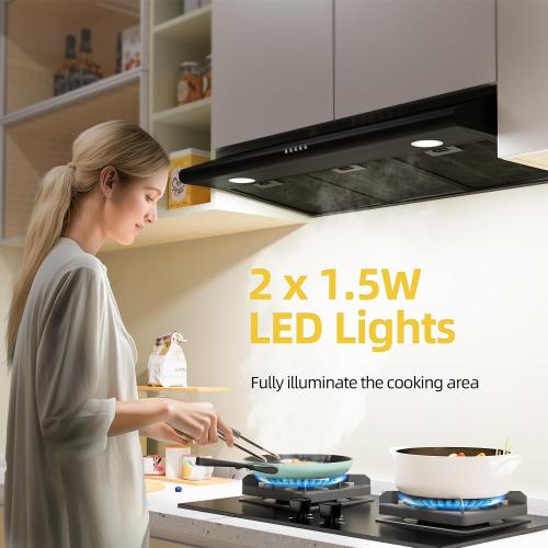 FIREGAS 36 Inch Black Under Cabinet Range Hood, 300 CFM Ducted/Ductless Convertible Kitchen Hood with 3-Speed Stove Vent Fan, LED Lights, Aluminum Filters & Charcoal Filters