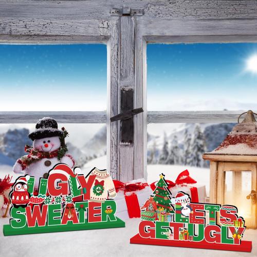 4Pcs Ugly Sweater Christmas Party Decorations Wooden Table Centerpiece Ugly Sweater Party Table Decorations Lets Get Ugly Tabletop Tiered Tray Decor for Holiday Xmas Party Supplies