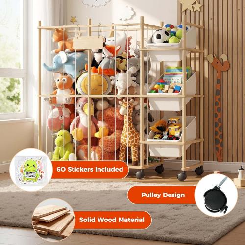 Sevenblue Toy Storage Organizer with 3 Removable Bins, Kids Storage Toy Shelf Organizer for Stuffed Animal Holder for Bedroom Playroom Nursery | Wood & White