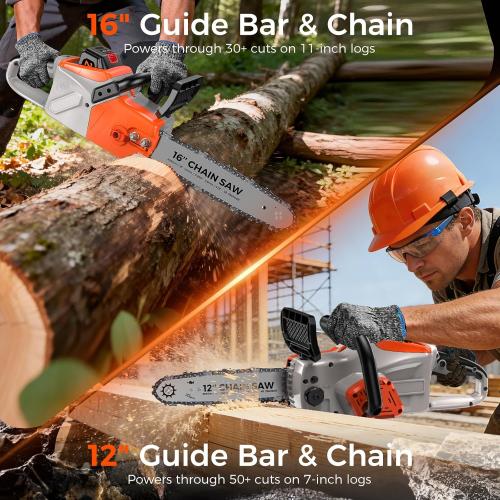Battery Powered Chainsaw 16 inch,Electric Cordless Chainsaw with 2 Batteries and Charger.Brushless Chain Saw with 12-inch Replacement Guide Bar and Chain.Perfect for Tree Trimming and Wood Cutting