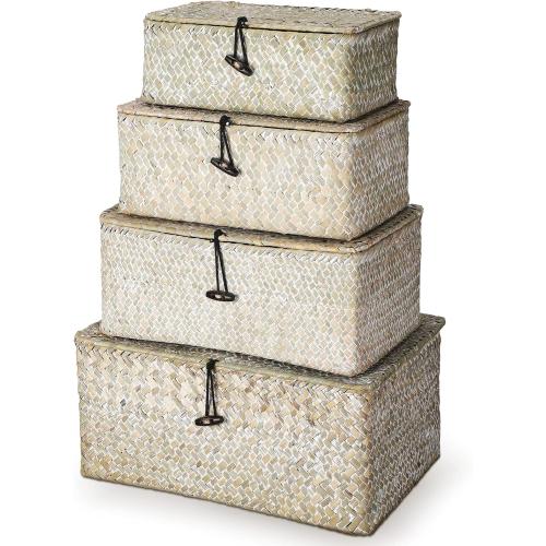 Woanger Set of 4 Wicker Baskets with Lids, White