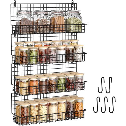 X-cosrack Upgraded Foldable Large 4 - Tier Wall Mounted Spice Rack Organizer, Stackable Storage with 5 Hooks, Holds 80 Jars for Kitchen Pantry Organization (Patent:D909138S)