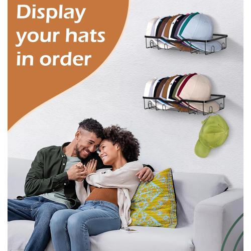 KEETDY Metal Hat Racks for Baseball Caps Wall Hat Organizer Fit 48 Caps Holder, 2 Packs Sturdy Wall Mounted Hat Storage Organizer, Black, Patent: US D1,041,201 S