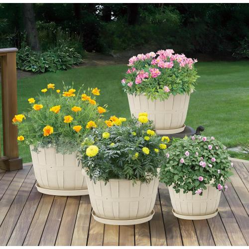 Quarut 10 inch Plastic Flower Pots for Indoor Plants,4 Pack Large Outdoor Planter Pot with Drainage Holes & Saucers,Imitation Wine Barrel Design,for Indoor Outdoor Garden Plants(White)