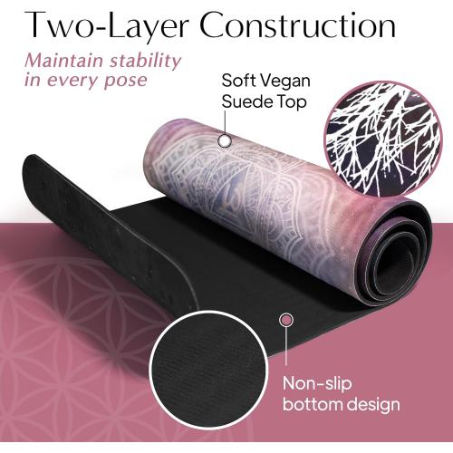 Vegan Suede Yoga Mat – Tree of Life/Root Chakra Design, Extra Thick 1/4” (6mm), Sweat-Grip Surface – Perfect for Yoga, Hot Yoga, Pilates & Sweaty Workouts - Free Strap Included