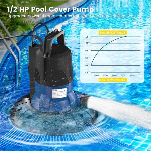 Size 1/2 HP Automatic Pool Cover Pump 3148 GPH Submersible Sump Pump Inground & Above Ground, Heavy Duty Water Pump with 25 Feet Power Cord for Swimming Pool Garden Pond Basement Window Well