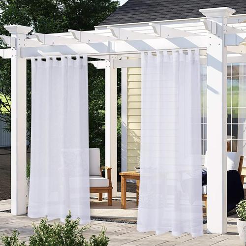LORDTEX Burlap Linen Look Outdoor Curtain for Patio - 2 Panels Waterproof Tab Top Sheer Curtains for Pergola, Porch, Cabana and Gazebo Indoor/Outdoor Voile Sheer Drapes, 52 x 95 Inch, White