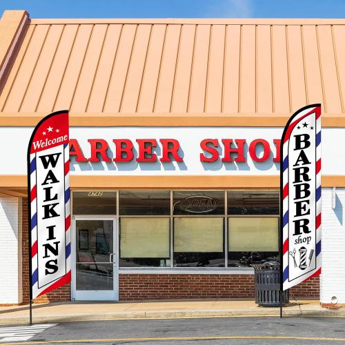 2 Pcs Barber Flag for Outside Barbershop Themed Swooper Flag Open Feather Barber Sign Welcome Banner for Salon Business Outdoor Advertising Outside(NOT INCLUDE POLE KIT)(8.2×2.1 ft)