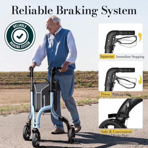 3 Wheel Walkers for Seniors, Lightweight Rollator Walkers Foldable for Elderly with Cane Hold and Cup Hold, Height Adjustable Aluminum Three Wheel Rolling Walker Mobility Aid, Blue