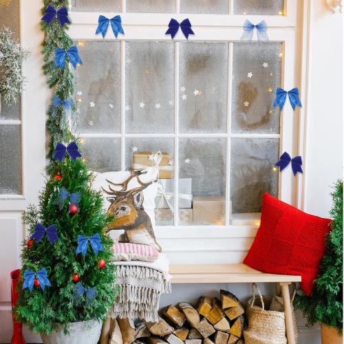 36 Pcs Christmas Bows with Twist Ties 6 Inch Velvet Mesh Ribbon Wreath Glitter Bows for Holidays Wreath Christmas Tree Railings Farmhouse Decoration DIY Craft Gift(Blue)
