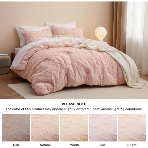 Bedsure Queen Comforter Set - Coral Pink Comforter, Boho Tufted Shabby Chic Bedding for Kids, 3 Pieces Vintage Farmhouse Bed Set for All Seasons, Fluffy Soft Bedding with 2 Pillow Shams